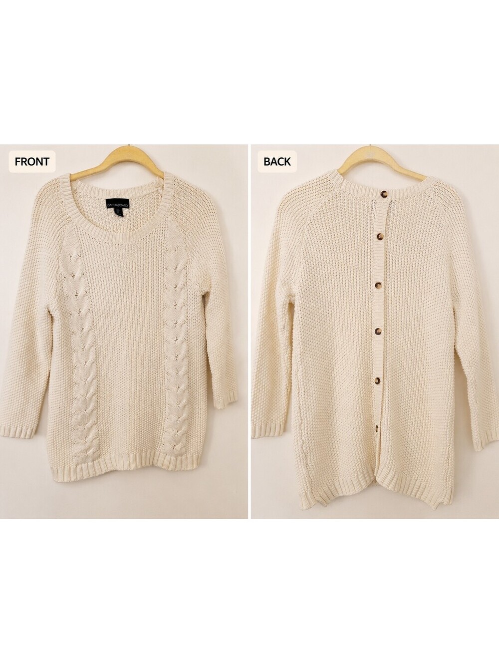 Cynthia Rowley Woman's Lg Ivory Cable Knit Button Back Sweater 3/4 Sleeves